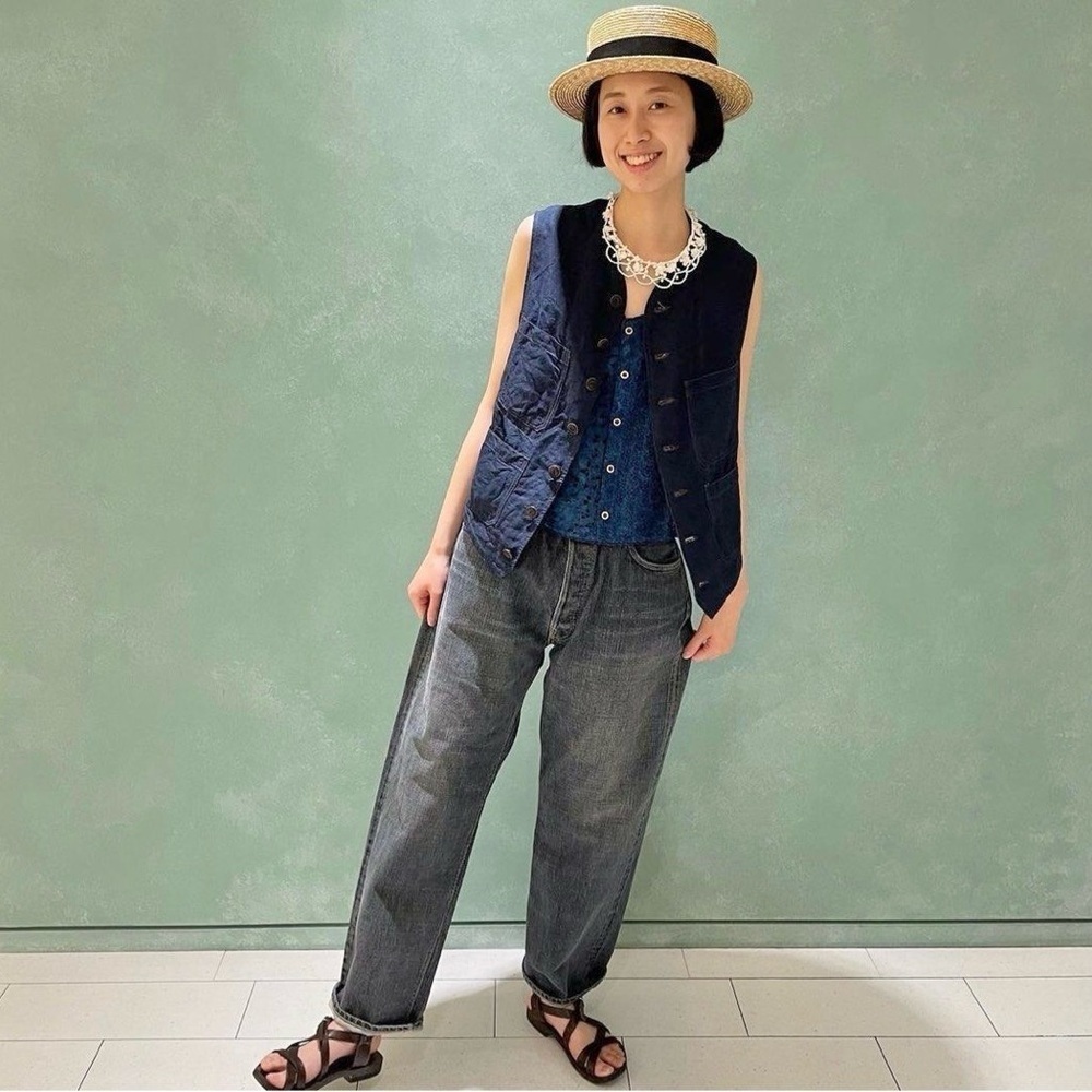 RARE! 45Rpm Japan Luxury Unisex Indigo Duck 908 Linen Vest Size 5 ( XL)